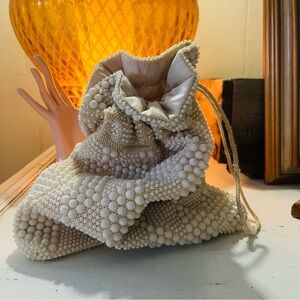 Vintage Ivory Beaded Drawstring Pouch